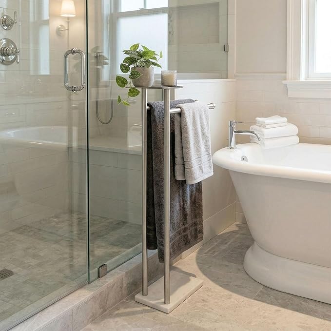 Songtec Towel Rack Stand for Bathroom, 2-Tier Freestanding Towel Holder for Bath Towels, Practical Shelf on Top, Heavy Duty Bathroom Accessories, No Drilling Required