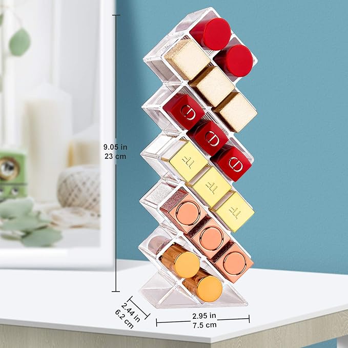 JessLab Lipstick Organizers, Acrylic Holder Lip Gloss Tower Clear Cosmetic Fish Sticks Lip Makeup Storage for Bathroom Vanity Countertop, 16 Slots