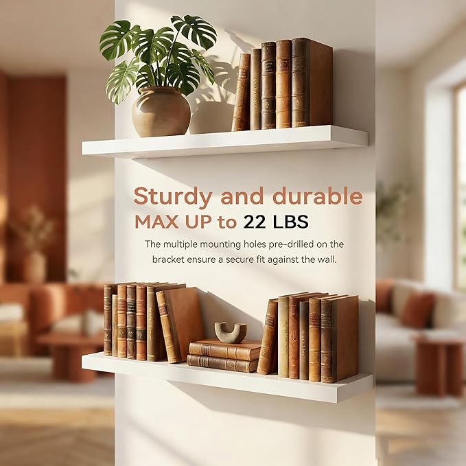 Floating Shelves for Wall, Rustic Wood Shelf for Room Decor/Storage/Display, Small Wall Mounted Hanging Shelves with 20lb Capacity for Bathroom, Living Room, Kitchen (White)