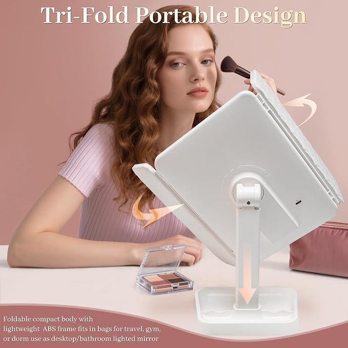 LED Tri-Fold Vanity Mirror with Lights, Touch Screen and 3X/2X/1X Magnification with 3 Color & Adjustable Brightness, Portable Rechargeable Makeup Mirror Pro with Lights Dollar for Desk Dorm Travel