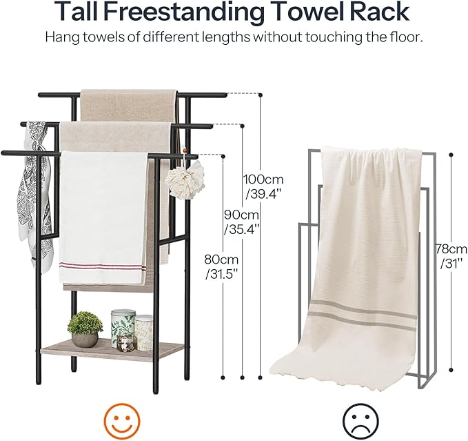 HOOBRO 39.4" Tall Freestanding Towel Rack for Bathroom, 3 Tier Stepped Blanket Rack with Shelf, Oversized Bath Towels Drying and Display Rack, Black and Rustic Brown BG50LB01