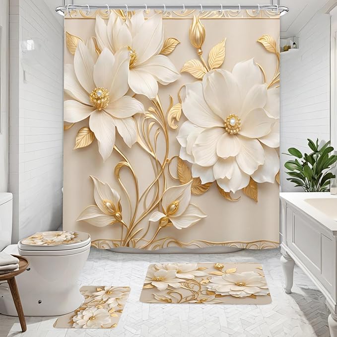 NBVKO 4Pcs Luxury Magnolia Blossoms Printed Shower Curtain Set with 12 Hooks Non-Slip Rugs,Toilet Lid Cover and Bath Mat,Gold Bathroom Decor for Hotel & Home Bathroom