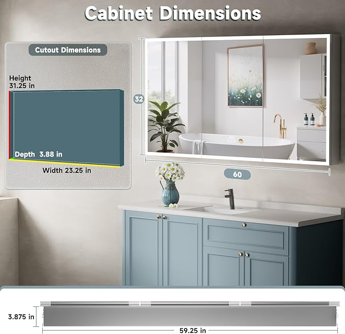 Medicine Cabinet with Lights, 60x32 Inch LED Mirror with 3 Color Lighted, Dimmable, Defogger, Clock & Temp, Surface or Recessed