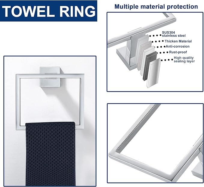 10 Pieces Bathroom Hardware Accessories Set Polished Chrome,24 Inch Bathroom Towel Rack Set SUS304 Stainless Steel, Square Bath Towel bar Set Heavy Duty, Wall Mounted