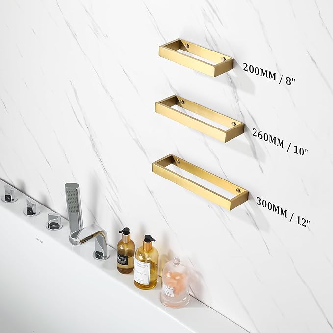 Sayayo Brushed Gold Towel Bar for Bathroom Wall, 10 Inch Hand Towel Holder, Screw or Self Adhesive Towel Ring Square SUS304 Stainless Steel, 3.2 Inch Wider Design