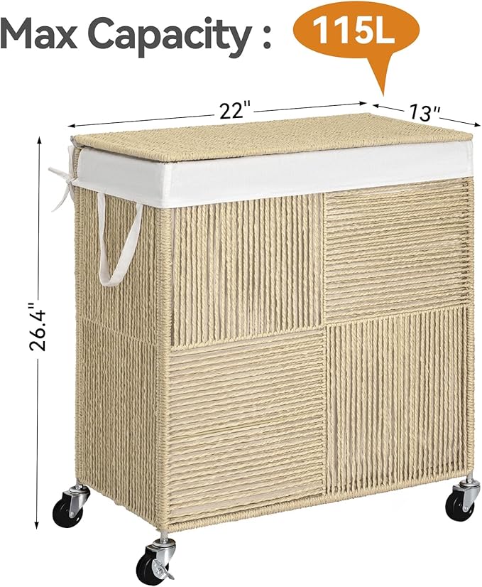 WOWLIVE Double Laundry Hamper with Lid, Handwoven Rolling Laundry Basket with Wheels, 115L Dirty Clothes Hamper with Removable Liner Bag Large Laundry Sorter Laundry Room Organization,Light Beige