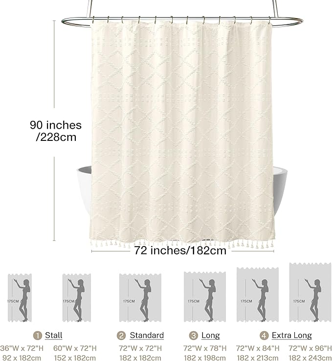 Extra Long Cream Boho Shower Curtain Woven Fabric Cute 90 Inch Shower Curtain, 72 x 90 Tufted Chevron Textured Striped Modern Farmhouse Minimalist Cloth Shower Curtain for Bathroom