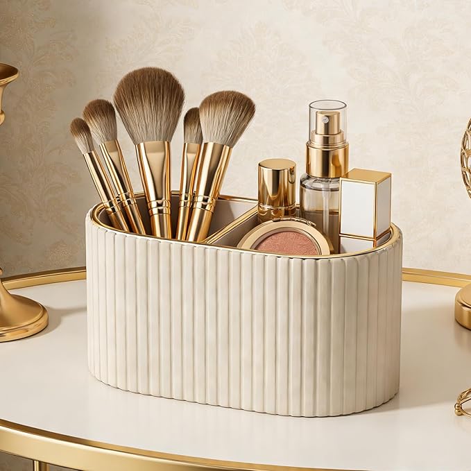 KINGFOM Makeup Brush Holder Organizer with Divider, PU Leather Vanity Brush Holder for Bathroom Countertop & Dressing Table, Cosmetic Desktop Storage Caddy for Makeup Tools Oval (Mocha Beige)