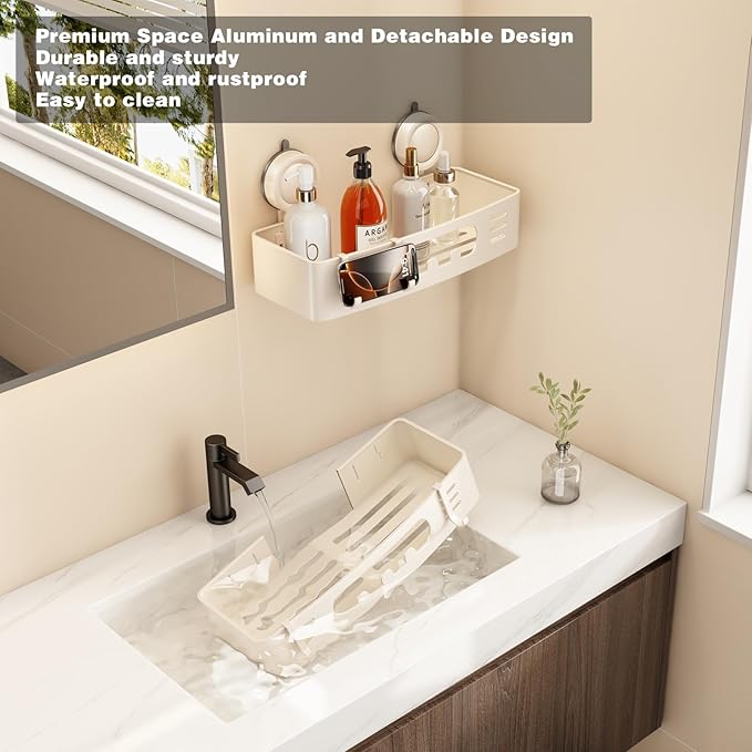 Voldra Shower Caddy Suction Cup, Shower Shelves for Inside Shower No Drilling, Aluminum Suction Showers Organizer for Wall with Towel Bar & Hooks Removable Bathroom Storage Rack(1 Pack-White)