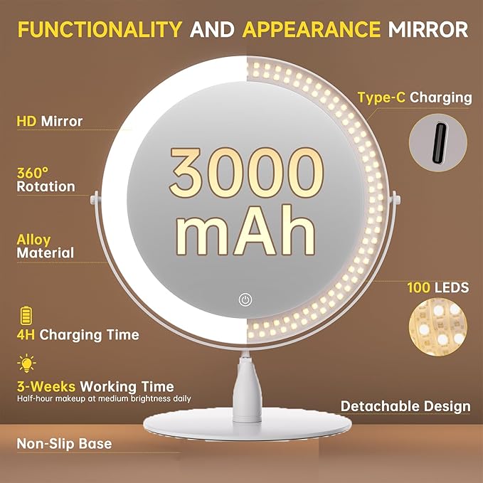 12" Extra Large Lighted Makeup Mirror, 1X/10X, 2-Sided Magnifying Mirror with 96 LEDs, 3 Color Dimmable Lights, 360° Swivel, LED Vanity Mirror, White - Great Gift