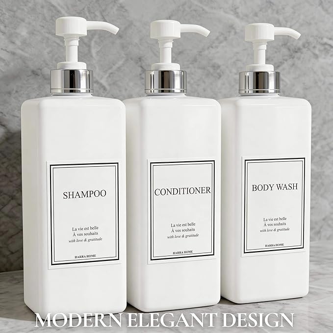 Shampoo and Conditioner Dispenser - Modern Design Large 27oz Shower Soap Dispenser Set of 3, Refillable Empty Plastic Pump Bottles for Bathroom, 6 Waterproof Labels Included, White & Silver