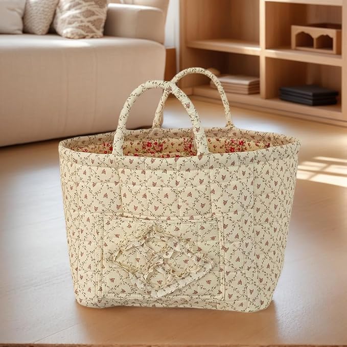 Quilted Fabric Storage Basket Boho Floral Laundry Baskets with Handles Collapsible Quilted Soft Basket for Car, Clothes, Toys Storage
