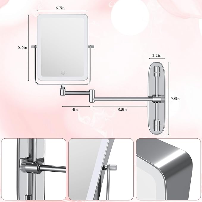 Wall Mounted Lighted Makeup Mirror, Rectangle Double Sided 1X/7X Magnifying Bathroom Height Adjustable Mirror, Rechargeable 3 Color and Dimmable Lights, Extended Arm 360 Rotation Shaving Vanity Mirror
