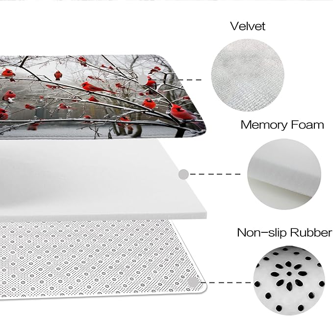 Funny Cardinal Birds on Branch Coral Velvet Bathroom Rugs and Mats Sets 3 Piece, Memory Foam Bath Mat, U-Shaped Contour Shower Mat Non Slip Absorbent, Velvet Washable 20 x 31 inch