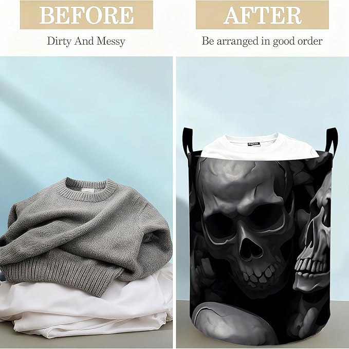 Gothic Skull Laundry Basket Hamper for Boys Girls Kids Adults, Foldable Waterproof Oxford Clothes Storage Bin, Dark Horror Skeleton Organizer for Bedroom Bathroom Room Decor 19.7"x15.8"