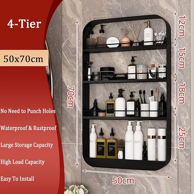 Wall Mount Organizer Floating Bathroom Shelves No Drill Adhesive Makeup Storage Rack Hang Decorative Over The Toilet Shelf(Black,50x70cm)