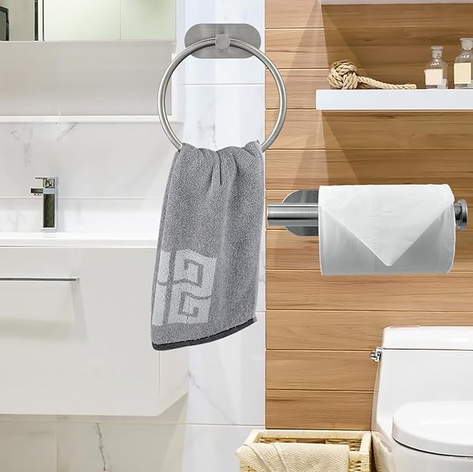 Self Adhesive Towel Ring and Toilet Paper Holder, No Drilling Stainless Steel Bathroom Hardware Set, Sturdy Bathroom Accessories for Home or Kitchen, Wall Mounted (Brushed Nickel)
