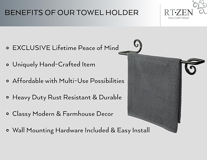 RTZEN Farmehouse Bathroom Towel Holder - Wrought Iron Matte Metal Black Towel Bar Wall Mount Rod - Handmade Home Decor Metal Kitchen Hanger Bar (16'' - Fits 16 Inch Towels)