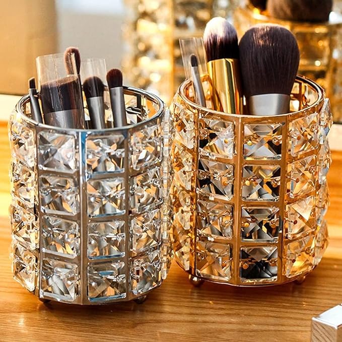 AKOAK 1 Pack Crystal Makeup Brush Holder Office Supplies Storage Rack Eyebrow Pencil/Lipstick/Pencil Makeup Container, Dressing Table, Bedroom, Office (Black)