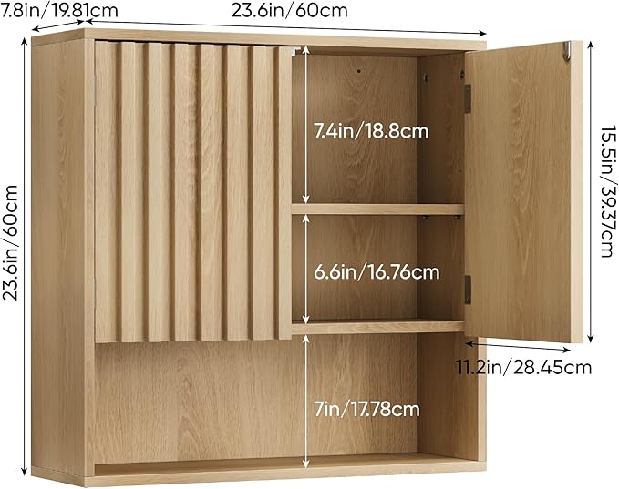 Smart FENDEE Bathroom Wall Storage Cabinet with Fluted Doors, Medicine Cabinet with Adjustable Shelf, Over The Toilet Storage Cabinet for Laundry Room & Kitchen & Living Room, Natural Oak