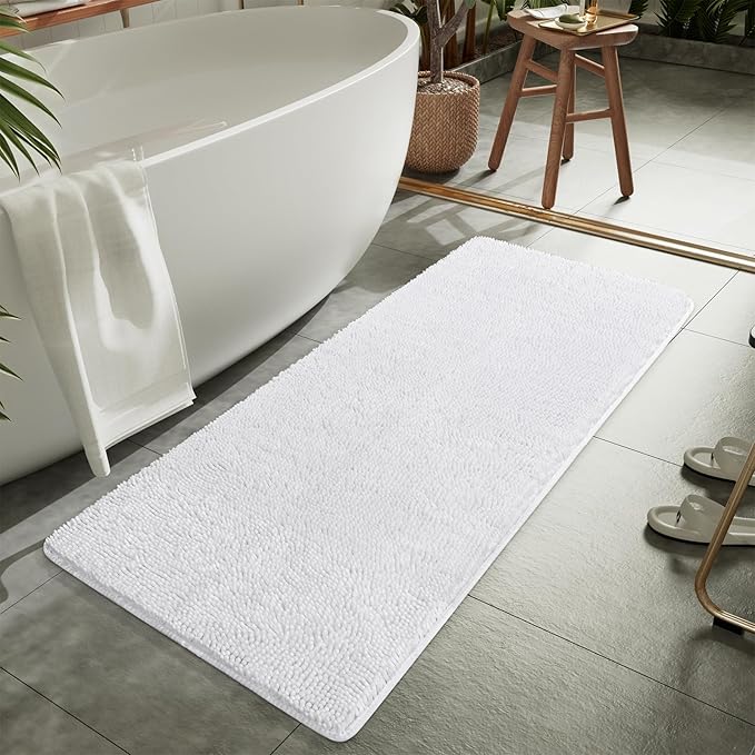 LOCHAS Luxury Bathroom Rug Shaggy Bath Mat 24 x 70 Inch, Washable Non Slip Bath Rugs for Bathroom Shower, Soft Plush Chenille Absorbent Carpets Mats, White