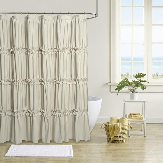Farmhouse Ruffle Shower Curtain with Handmade Ruched, Vintage Ruffled Fabric Bathroom Curtains, Decorative Elegant Bathroom Curtain with 12 Holes, Camel, 72" W x 72" H(N60049)