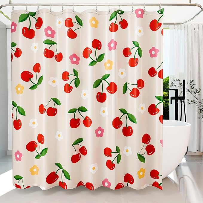 Anybar Fabric Shower Curtain Cute Floral Cherry Curtains Waterproof Soft Polyester Bathroom Curtain- Decor Washable Privacy Cloth Small Stall Shower Curtain for Bathroom Hotel (36x72inch) Beige
