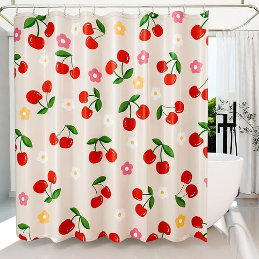 Anybar Fabric Shower Curtain Cute Floral Cherry Curtains Waterproof Soft Polyester Bathroom Curtain- Decor Washable Privacy Cloth Extra Long Shower Curtain for Bathroom (72x84inch) Beige
