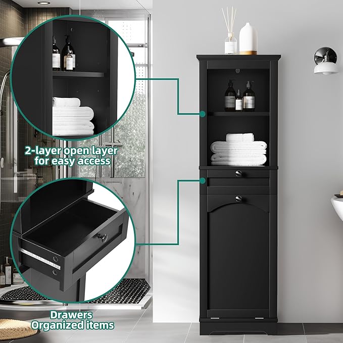 YITAHOME Tilt Out Laundry Hamper Cabinet, 53" Tall Hidden Laundry Hamper with Drawer, Bathroom Storage Cabinet Shelf with a Clothes Basket, Black