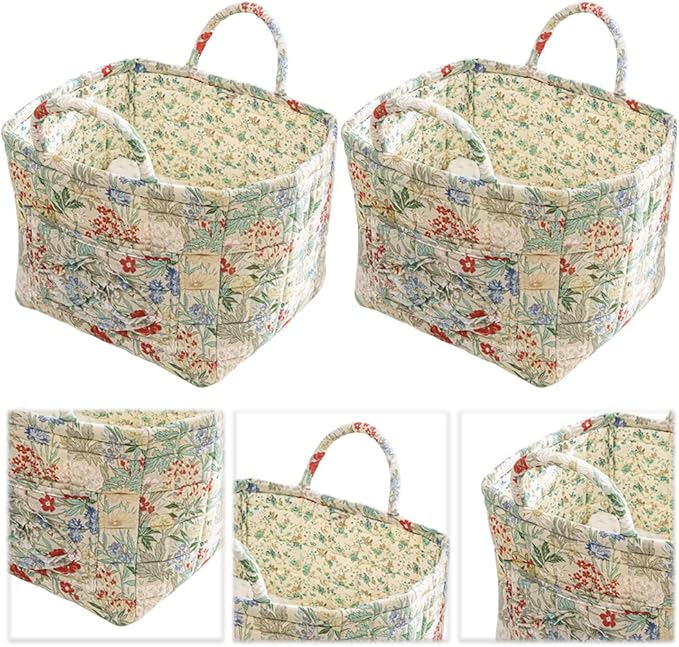 Quilted Fabric Storage Basket Boho Floral Laundry Hamper with Handle Foldable Floral Basket Organizer for Car Bedroom