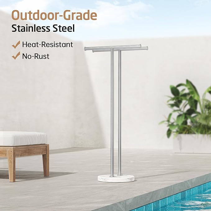 KES Free Standing Towel Rack 3X Thicker Round Marble Base for Bathroom Floor, Double T-Shape Towel Rack Stand with 100% Natural Mable Base, 18/8 Stainless Steel, Brushed Finish, BTH237B-2