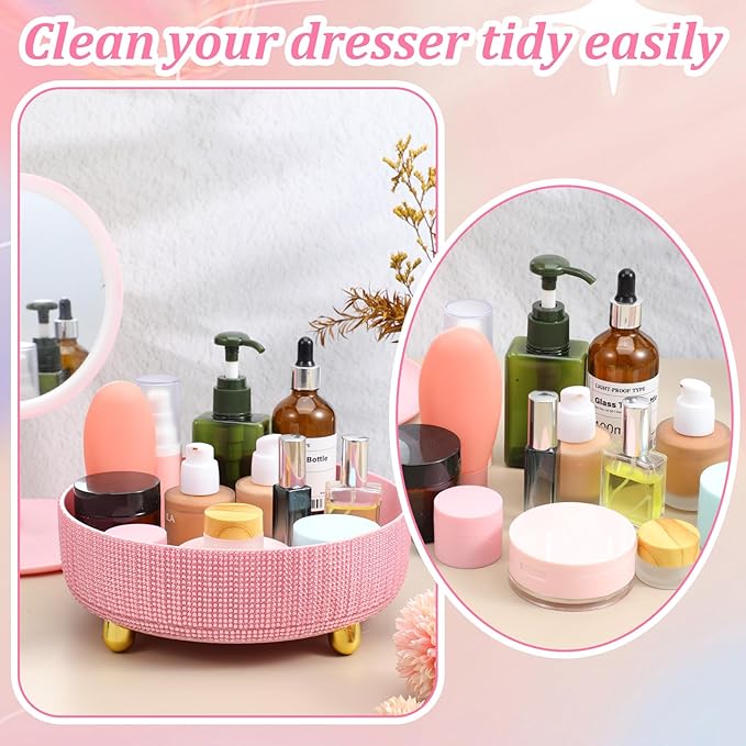 1 PCS 360 Rotating Perfume Organizer, Bling Pink Makeup Organizer Rotating Bathroom Organizers with Rhinestone for Bedroom, Dresser, Tabletop, Cosmetics and Perfume Organization