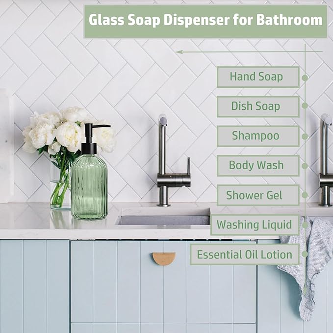 14 Oz Black Pump Glass Soap Dispenser, Green Stripe Countertop Refillable Liquid Bottle Hand Dish Lotion Dispenser with Plastic Pump, for Kitchen, Bathroom