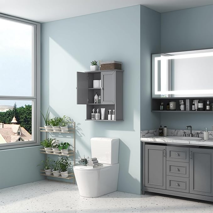 VANIRROR Grey Wall Mounted Bathroom Cabinet 24x30 Inch Wooden Over Toilet Storage Cabinet with 2 Doors, Above Toilet Medicine Cabinets for Bathroom Laundry Room Bedroom Kitchen