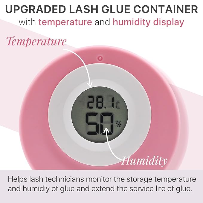Pretty memory Eyelash Glue Storage Container with Thermometer, Lash Glue Holder Eyelash Extensions Adhesive Jar Stand Sealed Lash Extension Supplies, Pink