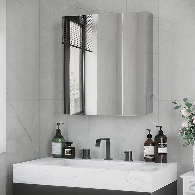 kleankin Wall-Mounted Medicine Cabinet with Mirror, Bathroom Mirror Cabinet Wall Mounted with Hinged Door, Storage Shelves for Living Room and Laundry Room, 21" x 24", Silver