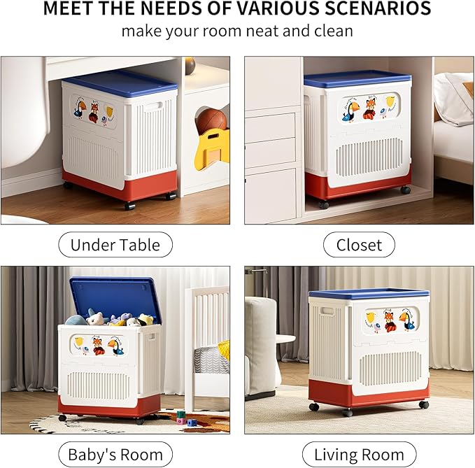 HAIXIN HOME 60L Cute Laundry Hamper, Slim Rolling Laundry Hamper with Lid, Dirty Clothes Hamper Cart with Handle for Bedroom, Bathroom, Closet, Dorm, Blue Lid, White Body and Red Base - Tricolor