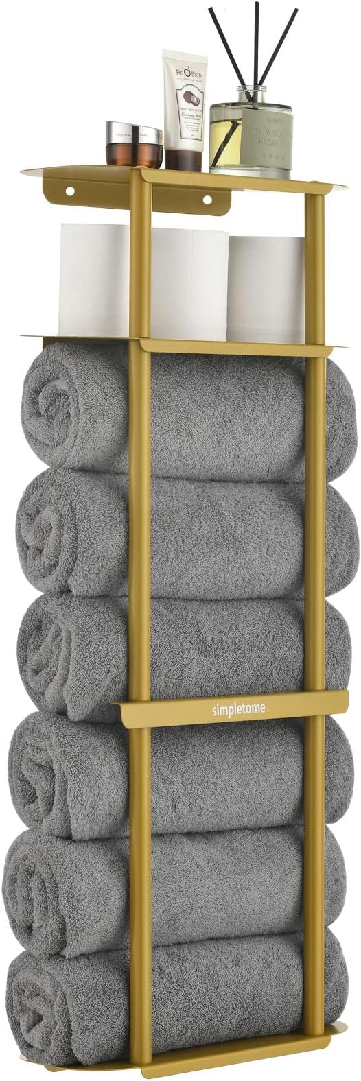 simpletome Towel Racks for Bathroom Storage Shower Organizer 31 inch Wall Mounted with Shelves Can Holds 6 Large Towels Thickened Carbon Steel(Gold)