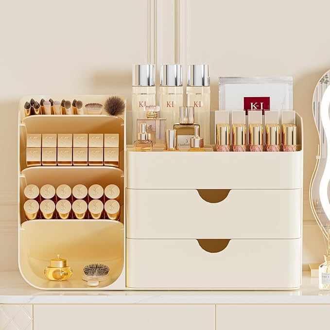 Makeup Organizer for Vanity, Countertop Cosmetic Display Case with Drawer, Bathroom Counter Beauty Caddy, Comfyroom Table Storage Holder for Skincare, Brush Eyeliner Eyeshadow Lipsticks, Creem