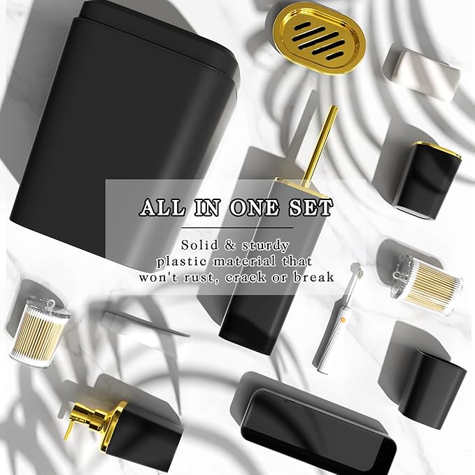 XLHOMO Bathroom Accessories Set - Luxury Black Bathroom Set, 9 Pieces Bathroom Accessory Set, Black Bathroom Accessories with Trash Can, Toilet Brush & Soap Dispenser