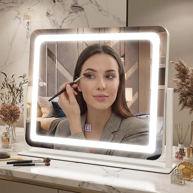 Vanity Mirror with Lights, 17''x22'' Lighted Makeup Mirror, LED Makeup Mirror, Smart Touch with 3-Color Lighting Modes, Dimmable, for Bedroom Tabletop - White