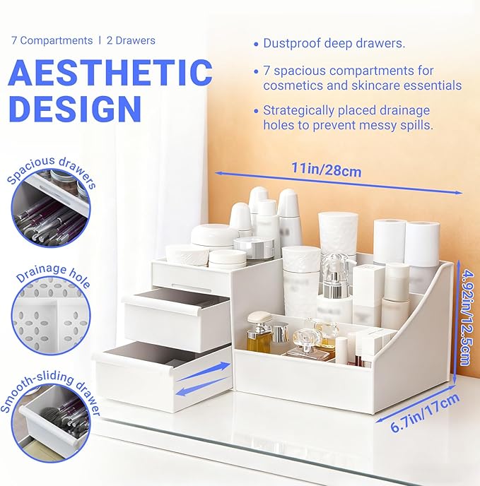 Makeup Organizer with Drawers, Cosmetic Organizer for Vanity Dresser Bathroom Countertop, Large Capacity Makeup Organizer for Skincare, Lipstick, Palettes, Perfume & Brush Display Holder 2Pack