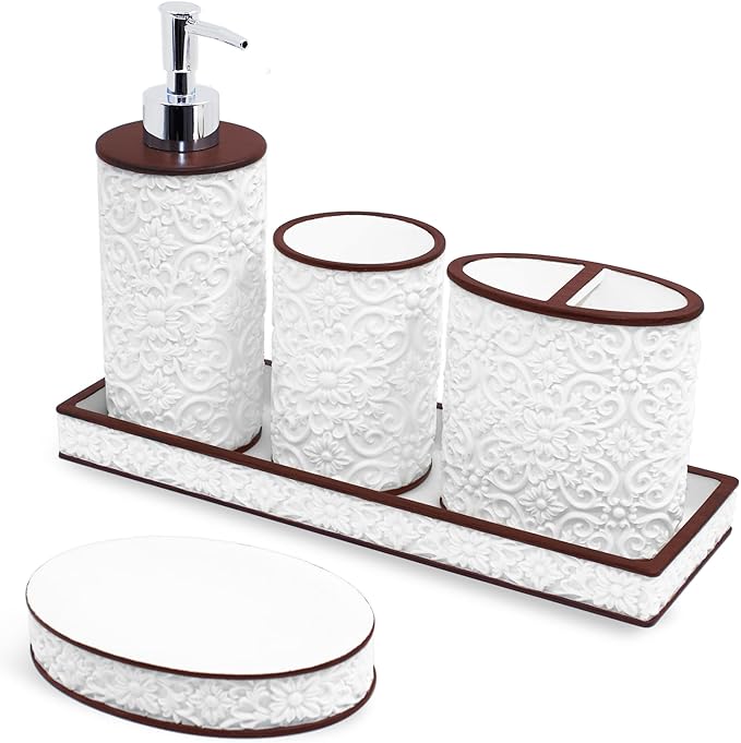 YMXYJM Bathroom Accessories Set, Elegant Handmade Floral Pattern, 5 Pcs Bathroom Accessory Set, Soap Dispenser, Toothbrush Holder, Qtip Holder, Complete Bathroom Sink Set, White