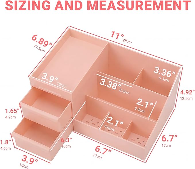 Makeup Organizer with Drawers, Cosmetic Organizer for Vanity Dresser Bathroom Countertop, Large CapacityOrganizer for Skincare, Lipstick, Palettes (Pink-2 Pack)