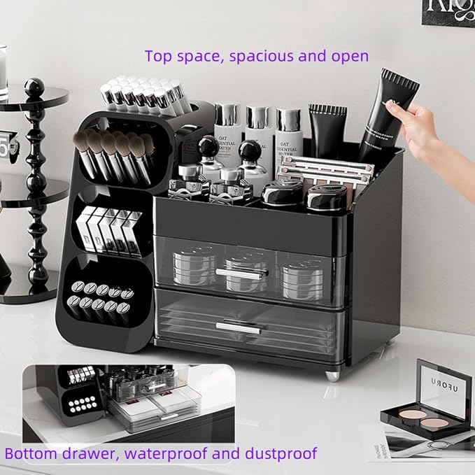 Booklov Makeup Organizer for Vanity, Large Capacity Cosmetic Display Case with Drawers, Countertop Beauty Storage Holder for Skincare, Brush Eyeliner Perfume Eyeshadow Lipsticks, Counter Desk, Black