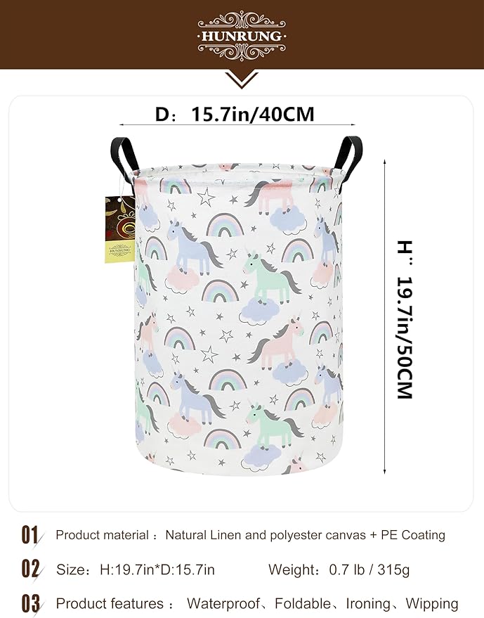 HUNRUNG Laundry Hamper,Large Canvas Fabric Lightweight Storage Basket Toy Organizer Dirty Clothes Collapsible Waterproof for College Dorms???Round-Star Unicorn???