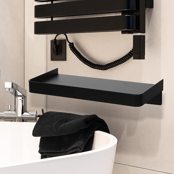 TOYANDONA Self-Adhesive Small Stainless Steel Phone Shelf for Bathroom Wall, Floating Metal Phone Rack with Wipes Storage, Black Non-Drilling Wall-Mounted Shelf for Bathroom Use