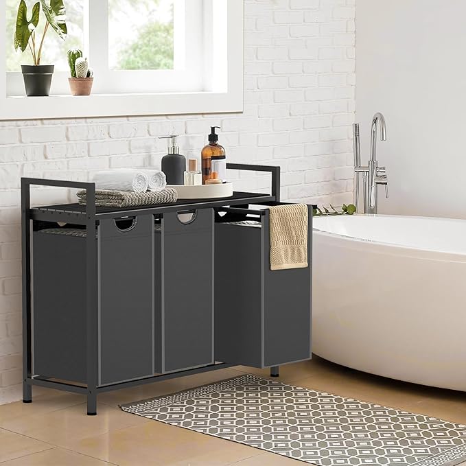 Sonharlar Laundry Hamper, Laundry Sorter with 3 Pull-Out Removable Oxford Fabric Bags Cloth Laundry Basket 3 x 10 Gallons (Grey and Charcoal Black)