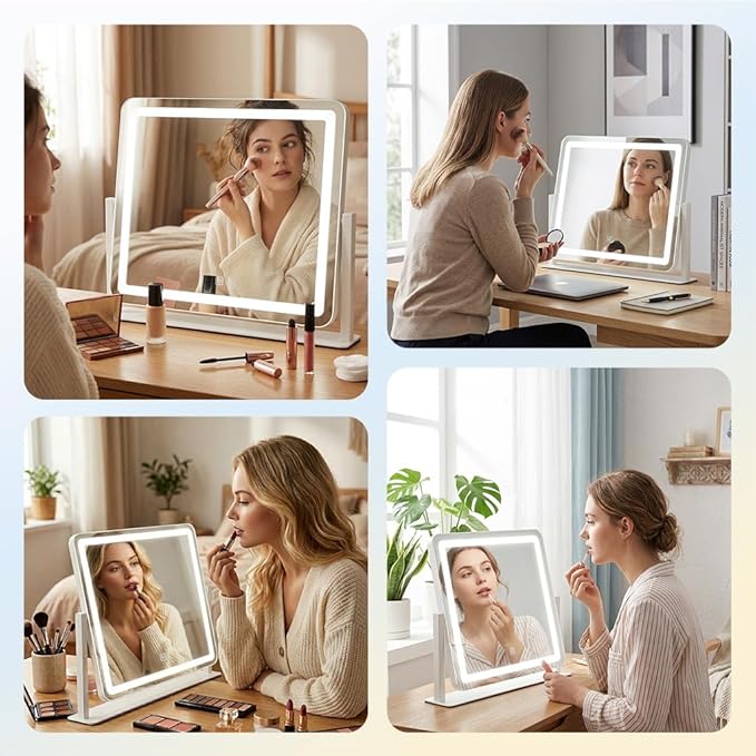 Vanity Mirror with Lights, 17''x22'' Lighted Makeup Mirror, LED Makeup Mirror, Dimmable, Smart Touch with 3-Color Lighting Modes, for Bedroom Tabletop - Gold