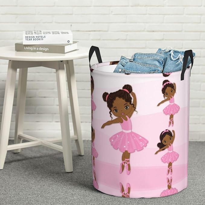 Cute African American Black Girl Round Laundry Hamper Storage Basket Toy Clothes Organizer Bin For Home Bathroom Bedroom Dorm Nursery, 62l